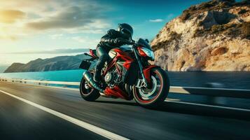 un' sport motociclo nel azione un' avvicinamento di il velocità e energia su un' costiero autostrada ai generato foto