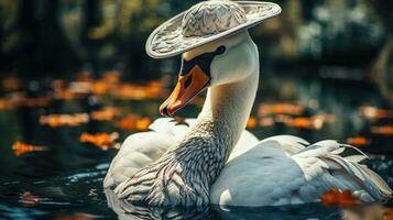 grazioso cigno nel un' cappello riposo su il acqua ai generato foto