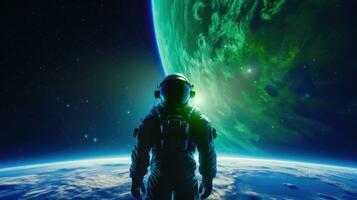 un' celeste esploratore nel un' bianca completo da uomo su un' misterioso pianeta con un' blu orizzonte e un' verde cielo ai generato foto