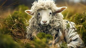 pastorale scena un' accogliente pecora pascolo nel un' prato ai generato foto