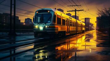 un' buio e cupo paesaggio urbano con un' la metropolitana treno in viaggio attraverso esso ai generato foto