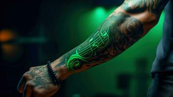 artistico espressione musica a tema tatuaggi su un' musicisti braccio ai generato foto