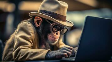 Tech esperto scimmia digitando su un' il computer portatile ai generato foto