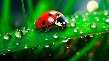 coccinella su un' rugiadoso erba lama ai generato foto