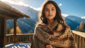 elegante e caldo un' alla moda donna nel un' kashmir scialle su un' inverno balcone ai generato foto