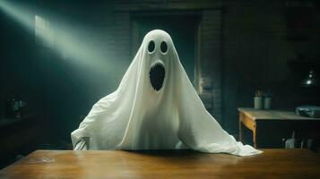 spaventoso Halloween fantasma seduta a un' tavolo nel un' buio camera ai generato foto