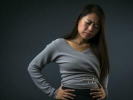 asiatico donna appare per essere nel dolore su grigio sfondo ai generativo foto