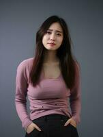 asiatico donna appare per essere nel dolore su grigio sfondo ai generativo foto