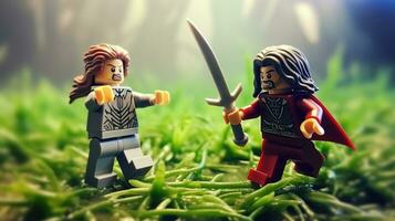 Lego guerrieri combattendo nel un' feroce epico duello ai generativo foto