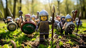 Lego guerrieri combattendo nel un' feroce epico duello ai generativo foto