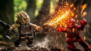 Lego guerrieri combattendo nel un' feroce epico duello ai generativo foto