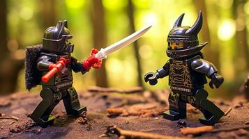 Lego guerrieri combattendo nel un' feroce epico duello ai generativo foto