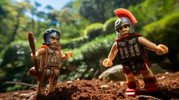 Lego guerrieri combattendo nel un' feroce epico duello ai generativo foto