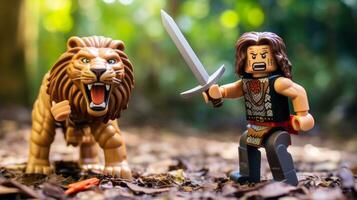 Lego guerrieri combattendo nel un' feroce epico duello ai generativo foto