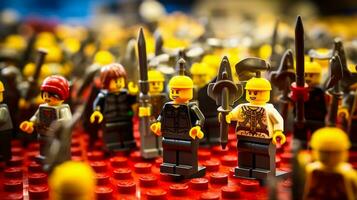 Lego guerrieri combattendo nel un' feroce epico duello ai generativo foto