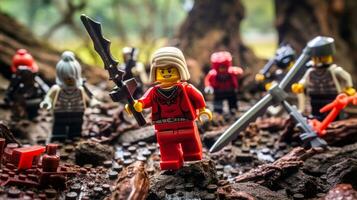 Lego guerrieri combattendo nel un' feroce epico duello ai generativo foto