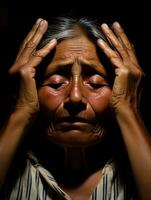 messicano donna appare per essere nel dolore a partire dal mal di testa ai generativo foto