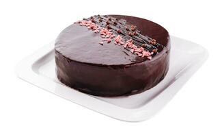 torta su bianca piatto con guarnizione cioccolato foto