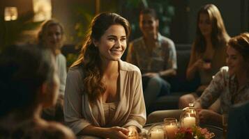 giovane bellezza donna si siede a un' tavolo nel un' bar e sorrisi con gioia e ride foto