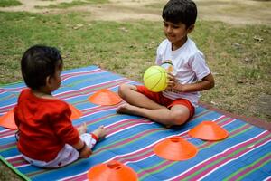 Due contento ragazzi nel società parco, contento asiatico fratelli chi siamo sorridente felicemente insieme. fratelli giocare all'aperto nel estate, migliore gli amici. bambino piccolo bambino ragazzo giocando con il suo contento fratello nel il giardino foto