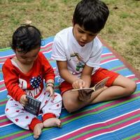 Due contento ragazzi nel società parco, contento asiatico fratelli chi siamo sorridente felicemente insieme. fratelli giocare all'aperto nel estate, migliore gli amici. bambino piccolo bambino ragazzo giocando con il suo contento fratello nel il giardino foto