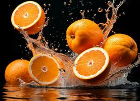 arancia frutta caduta nel il acqua spruzzi ai generativo foto