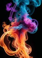 colorato arcobaleno Fumo su il nero sfondo ai generativo foto