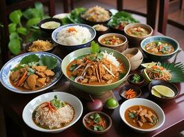 foto varietà autentico tailandese tradizionale pasto su tavolo generativo ai