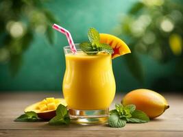 fresco giallo Mango frullato nel un' bicchiere con cannuccia fresco frutta e menta estate tropicale bevanda generativo ai foto