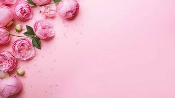 superiore Visualizza di rosa peonia mini cuffie e spruzzatori isolato su rosa sfondo. orizzontale panoramico bandiera modello con copia spazio. madre o Da donna giorno concetto. fresco fiori. illustrazione ai generativo foto