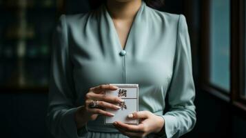asiatico sigarette scatola nel il mani di un' giovane donna nel un' attività commerciale completo da uomo. foto