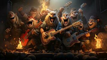 cartone animato gruppo di roccia musicisti giocando il chitarra e cantando nel il Fumo. foto