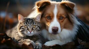 rosso confine collie cane e gatto dire bugie insieme nel autunno le foglie. foto