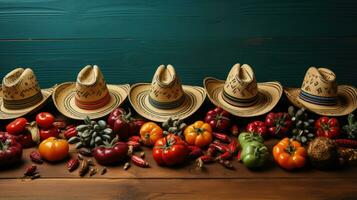 messicano cappello con chili peperoni e verdure su un' di legno sfondo. foto