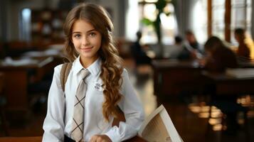 ritratto di un' bellissimo giovane scolara nel uniforme a scuola. foto