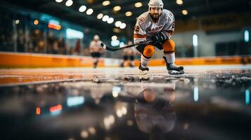 ghiaccio hockey giocatore su il ghiaccio nel azione, movimento sfocatura sfondo. foto