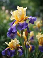 bellissimo iris fiore nel il giardino generativo ai foto