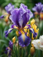 bellissimo iris fiore nel il giardino generativo ai foto