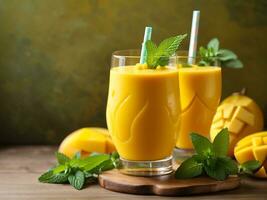 fresco giallo Mango frullato nel un' bicchiere con cannuccia fresco frutta e menta estate tropicale bevanda generativo ai foto