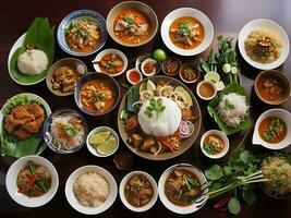 foto varietà autentico tailandese tradizionale pasto su tavolo generativo ai