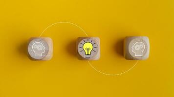 creativo idea e innovazione concetto. di legno blocchi con lampadina e umano testa su giallo sfondo foto