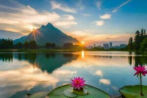 il sole sorge al di sopra di un' lago con rosa fiori. ai-generato foto