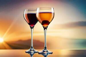 Due bicchieri di vino su un' tavolo con il sole nel il sfondo. ai-generato foto