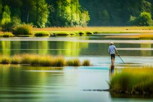 un' uomo è a piedi attraverso un' fiume con un' bastone. ai-generato foto