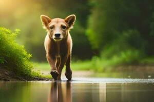 un' cane a piedi lungo un' fiume nel il foresta. ai-generato foto