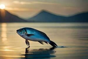 un' pesce è salto su di il acqua a tramonto. ai-generato foto