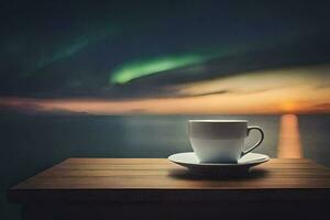 un' tazza di caffè su un' tavolo con il aurora nel il sfondo. ai-generato foto