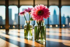 Due rosa fiori nel un' bicchiere vaso su un' tavolo. ai-generato foto