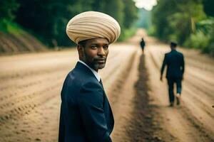 un' uomo nel un' turbante a piedi giù un' sporco strada. ai-generato foto