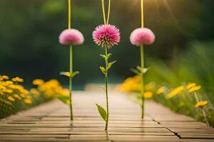 tre rosa fiori su un' di legno passerella. ai-generato foto